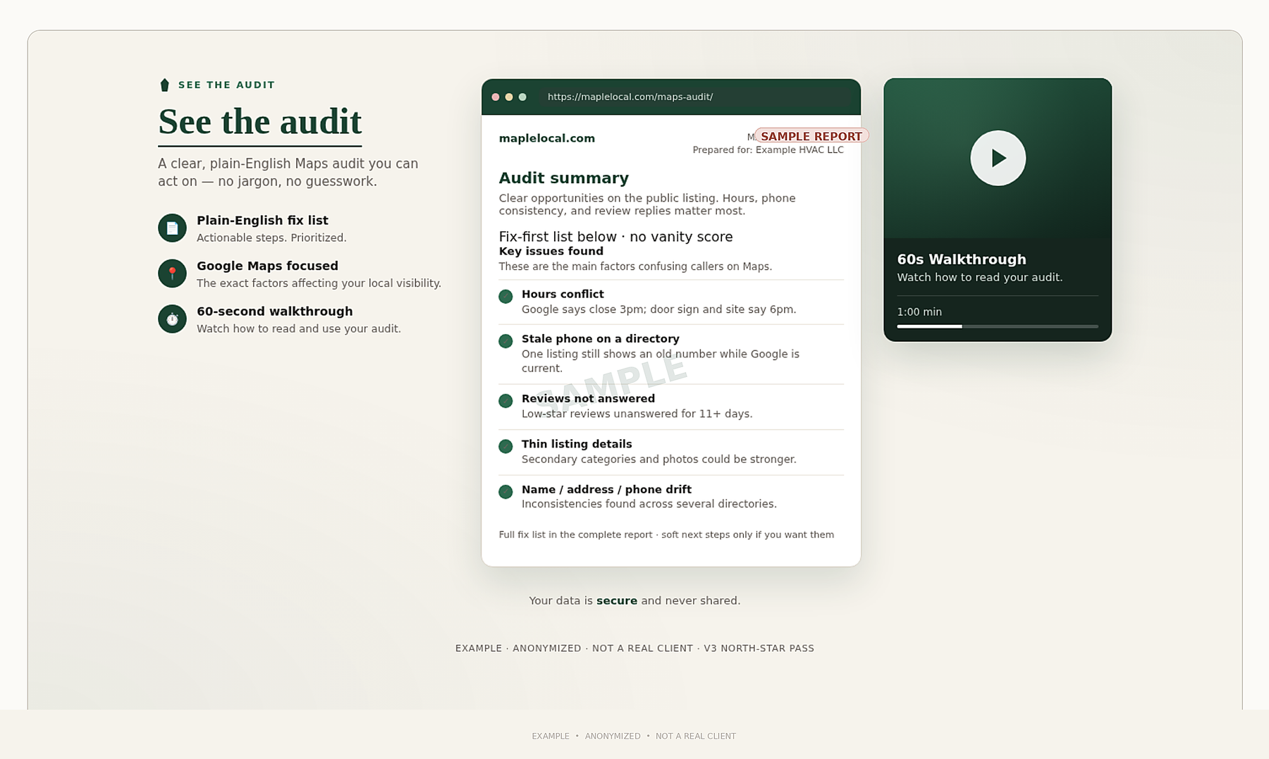 Sample Maps audit report mockup for Example HVAC LLC — anonymized, not a real client.